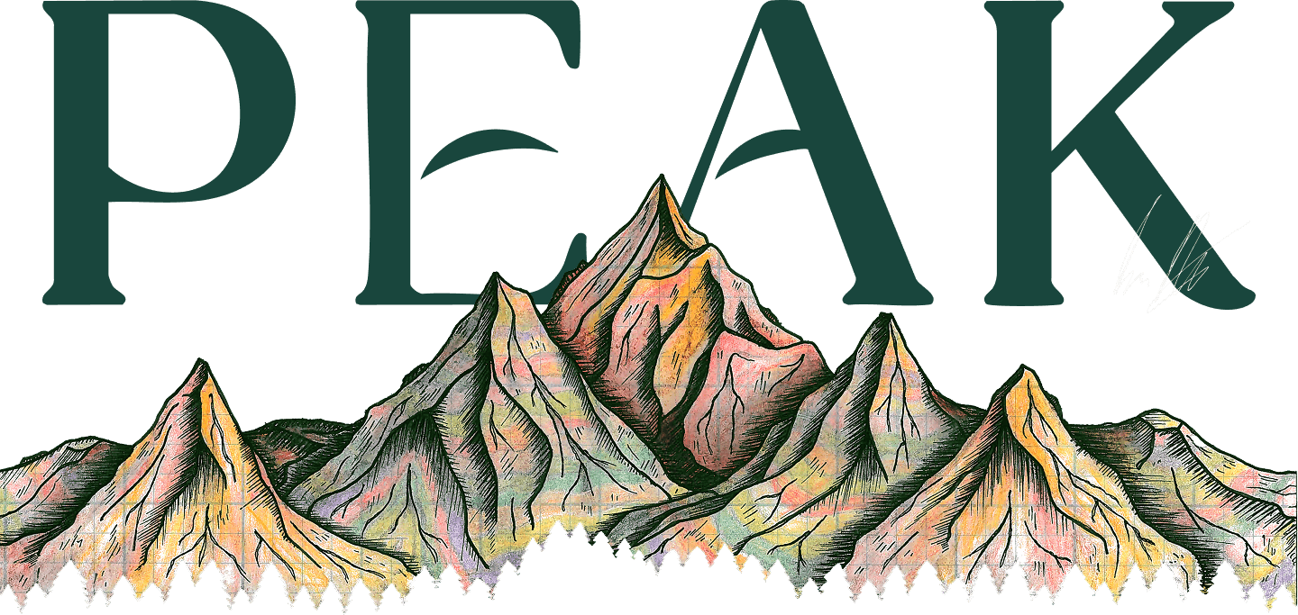 An illustration of a stylized mountain range rendered in pastel shades of yellow, pink, green, and purple with bold black linework emphasizing the peaks and ridges. The mountains span across the image in front of large, dark green serif letters spelling out the word 'PEAK' in all caps. The 'A' in 'PEAK' is cleverly integrated into the tallest mountain peak, blending the typography with the landscape. Beneath the mountains is a row of pine tree silhouettes forming the base. To the right of the 'K' is a white, scribbled signature-style mark.